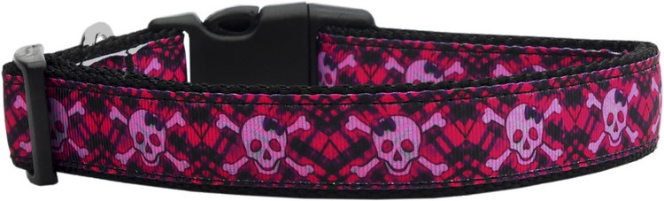 Hot Pink Plaid Skulls Nylon Dog Collar XL